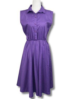 VINTAGE Sleeveless purple button-front fit-and-flare shirtwaist dress SMALL MED